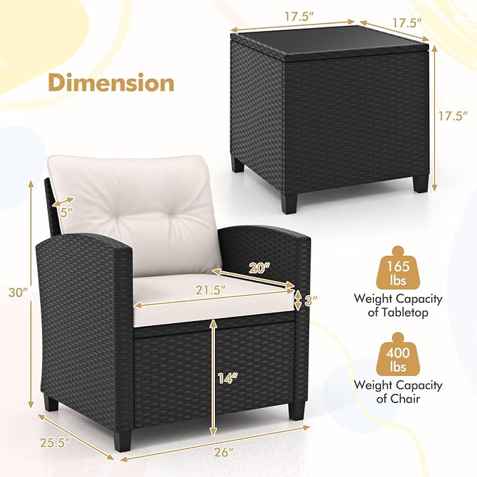 RELAX4LIFE 3-Piece Patio Furniture - Wicker Rattan Bistro Sofa Set w/Glass Top Coffee Table, Washable Cushions for Porch Balcony Backyard Poolside, Outdoor Conversation Set (Off White)