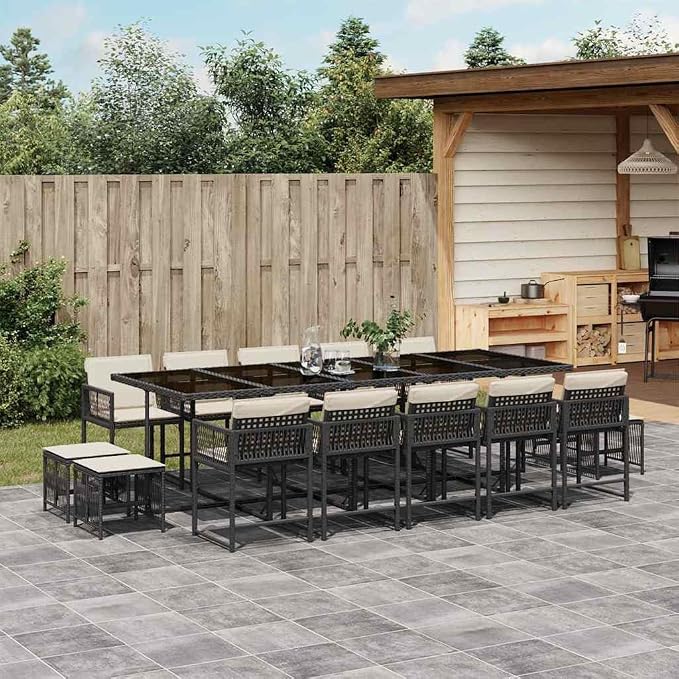 14-Seater Garden Dining Set, PE Rattan Outdoor Patio Furniture with Rectangular Tempered Glass Table, Stackable Chairs and Stools for Backyard Dining, Black
