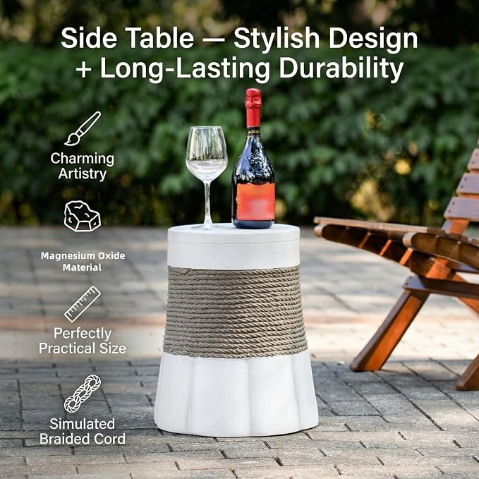 Outdoor Side Table Round Concrete Side Tables with Brown Woven Rope Decor,MGO Fan-Shape Patio End Table for Living Room Garden Balcony,Fully Assembled,Light Gray