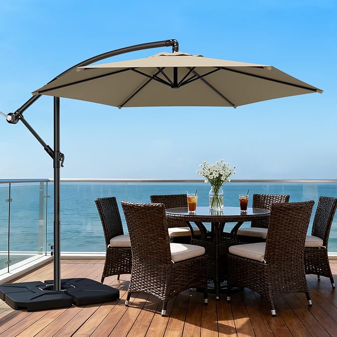 AreShark 10FT Patio Outdoor Umbrella, Offset Patio Umbrella Cantilever Umbrella, 6 Sturdy Ribs, Easy Adjustment for Garden Market Pool with Cross Base (Beige)