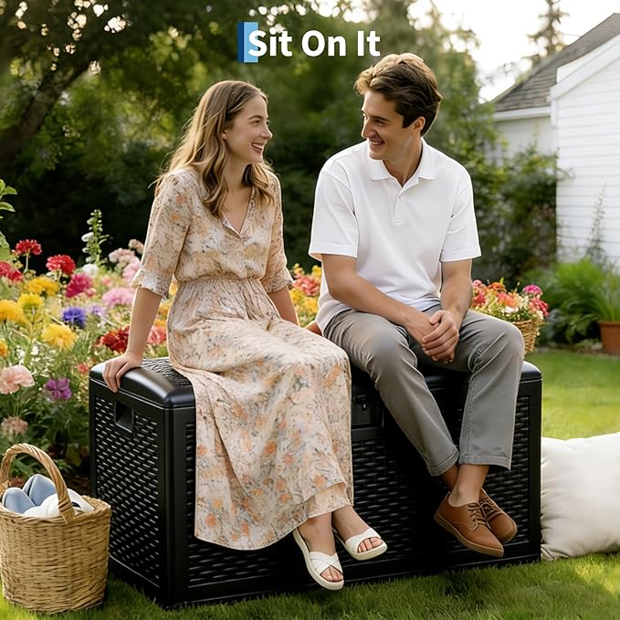 120 Gallons Outdoor Storage Box, Lockable Resin Deck Box for Outside Patio Furniture Cushion, Pool Supply, with Hydraulic Hinge, UV-Resistant and Weatherproof, Rattan Black
