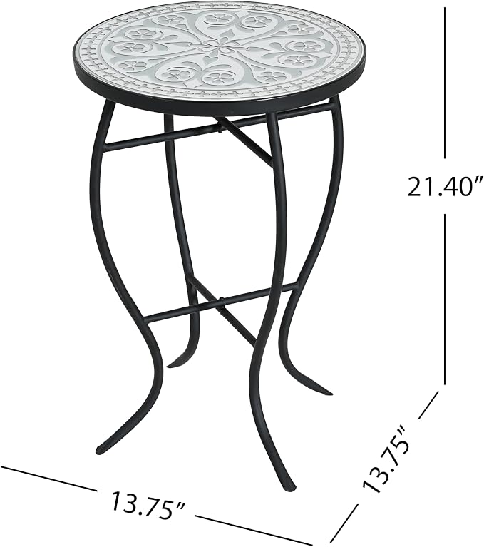 White Embossed Floral Mosaic Round Side Table, Vintage Patio End Table with Curved Black Wrought Iron Legs, Weather Resistant Small Accent Table for Balcony Backyard Porch Living Room