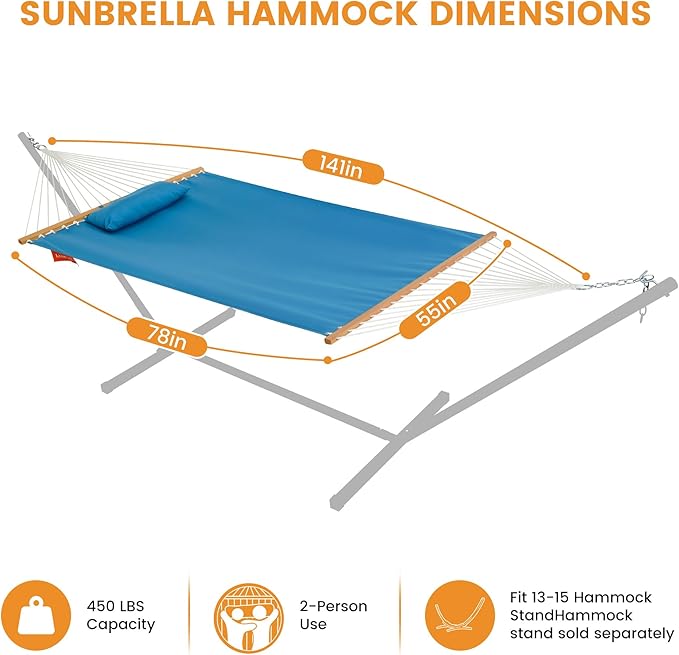 Lazy Daze Hammocks 12 FT Sunbrella Fabric Hammock not Fading with Spreader Bars and Free Pillow Fits for 2 Persons, All Weather and Fade Resistant for Patio Yard, 450 lbs Capacity, Canvas Pacific Blue