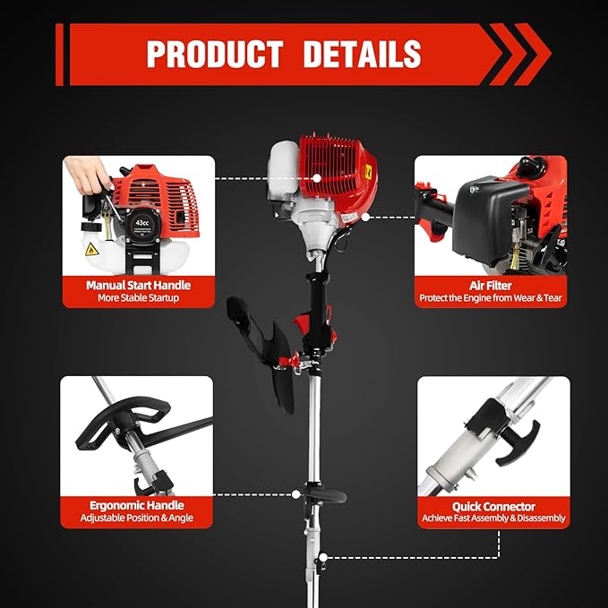 2-Stroke 43CC Gas Trimmer Saw, 12 in Gas Powered Pole Saw Tree Trimmer Chainsaw Side-attached Branch Cutter Split Shaft Pruner Trimmer with Extension Pole for Agriculture, Gardening