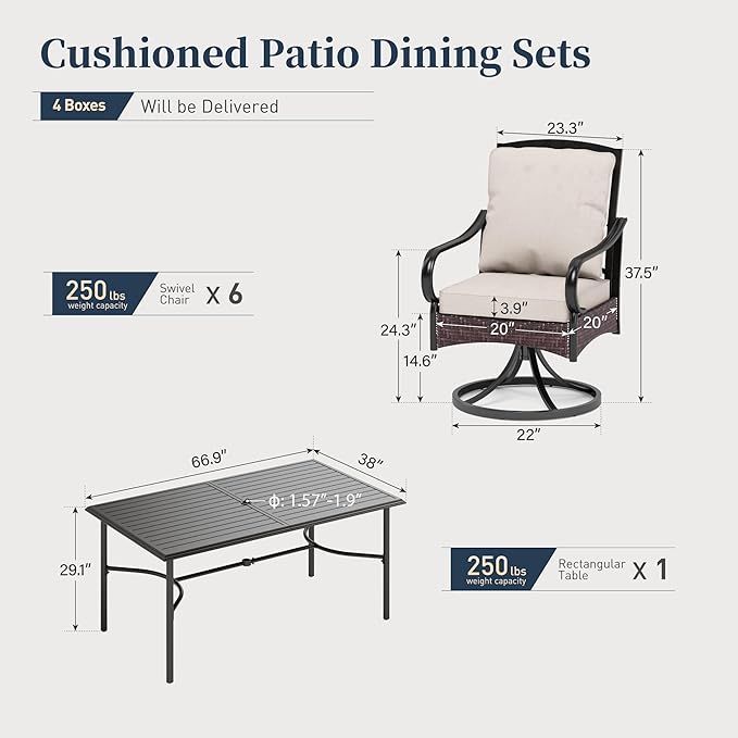 SUNSHINE VALLEY 7 Piece Patio Dining Sets for 6, Outdoor Table and Chairs with Cushioned Wicker Swivel Patio Chairs & Black Dining Table (1.57-1.9”Umbrella Hole), Outdoor Dining Sets for Lawn Backyard