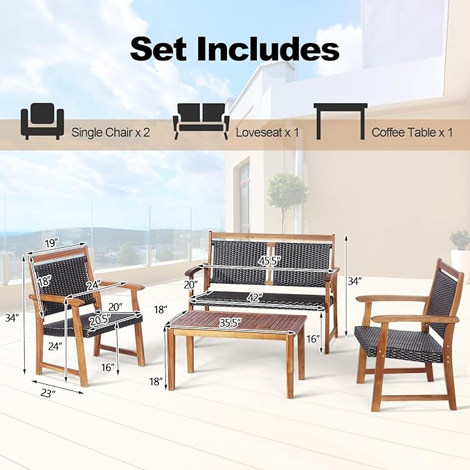 DORTALA 4 Piece Wood Patio Furniture Set, Outdoor Wicker Rattan Conversation Set with Chairs & Coffee Table for Garden, Backyard, Poolside