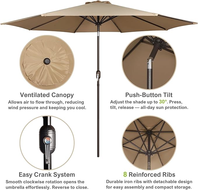 Blissun 10FT Outdoor Patio Umbrella, Outdoor Table Umbrella, Yard Umbrella, Market Umbrella with 8 Sturdy Ribs, Push Button Tilt and Crank