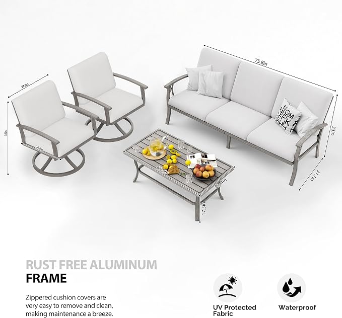 HAPPATIO 4 Piece Aluminum Patio Furniture Set, 5-Person Outdoor Swivel Chairs and 3-Seat Sofa, All-Weather Outdoor Sectional Sofa with Comfortable Cushions and Coffee Table(Gray)