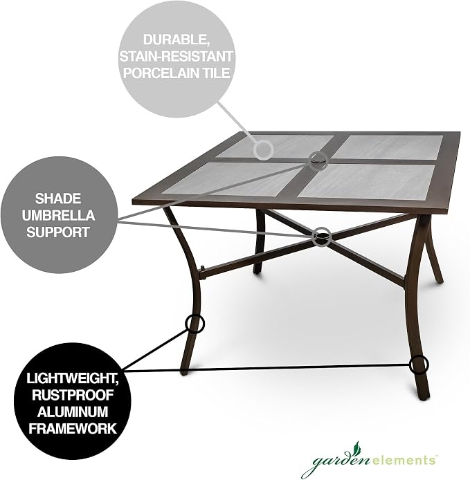 Garden Elements Outdoor Patio Dining Set, Square Aluminum Table with Drop Porcelain Tiles, Brown and Grey, 40"
