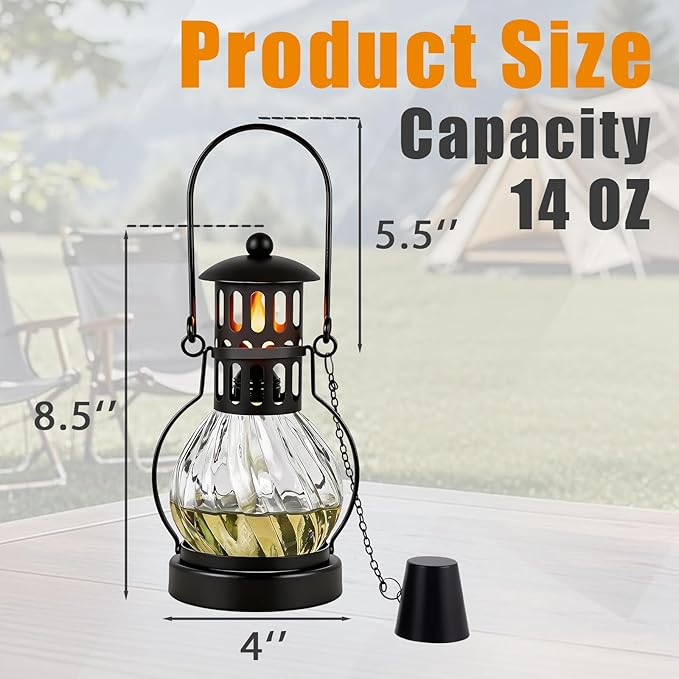 3 Pack Glass Table Top Torches, 14 oz Citronella Torches for Outside, Features hanging handles, Refillable Flame Light Torch, Decorative Tabletop Lantern for Yard, Patio, Garden, Party, Landscape