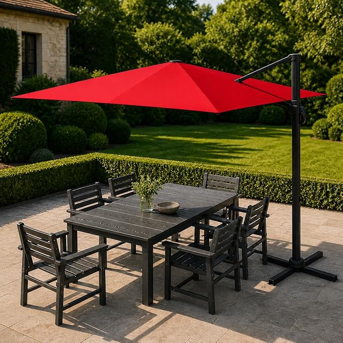 Kingdura 10x10 FT Cantilever Patio Umbrella with Base Included, Large Square Aluminum Offset Outdoor Pool Umbrella, 360° Rotation & 4-Position Tilt, UV Protection for Deck Backyard (Red)