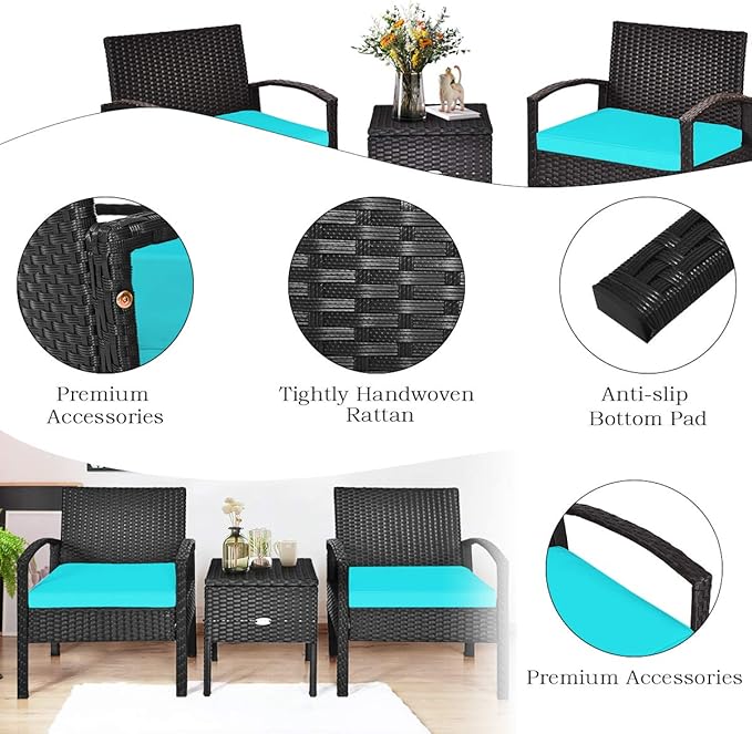 Tangkula 3 Pieces Patio Wicker Conversation Set, Outdoor Rattan Furniture with Washable Thick Cushion & Coffee Table w/Storage Space, Patio Furniture Set for Backyard Porch Garden Poolside (Turquoise)