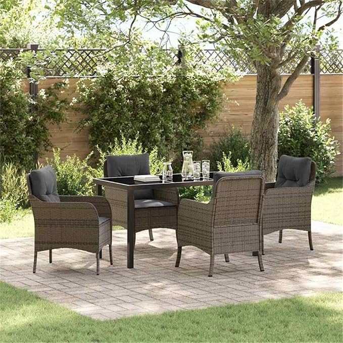 Afuera Living 5 Piece Poly Rattan Patio Dining Set, Cushioned Seats, Gray Finish, UV-Resistant, Powder-Coated Steel Frame, Tempered Glass Table, Modern Style Outdoor Furniture for Garden or Terrace