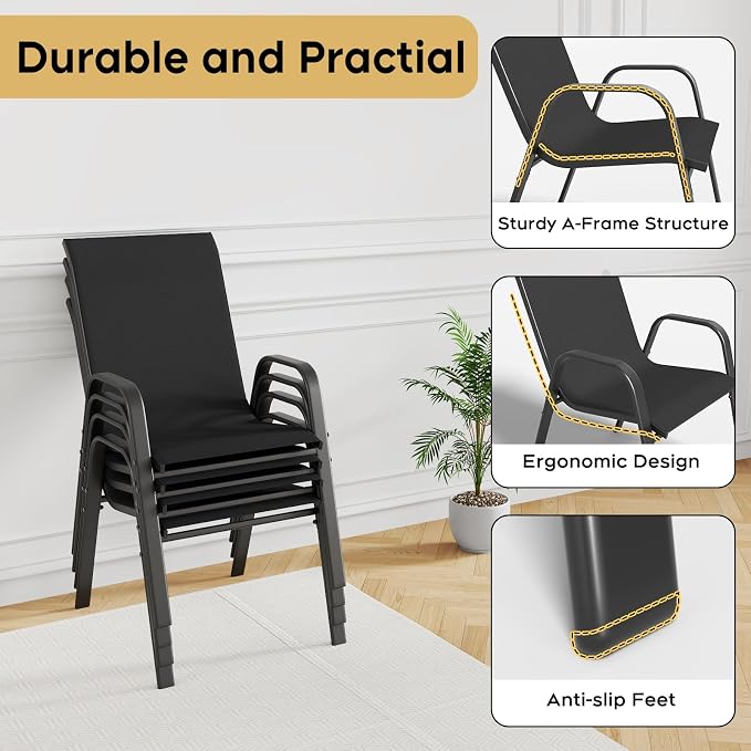 Outdoor Patio Dining Set for 4, 5 Pieces Patio Table and Chairs Set with Umbrella Hole, 37.8"x 37.8" Square Metal Wood-Grain Dining Table Set with 4 Stackable Patio Chairs for Deck , Backyard, Porch