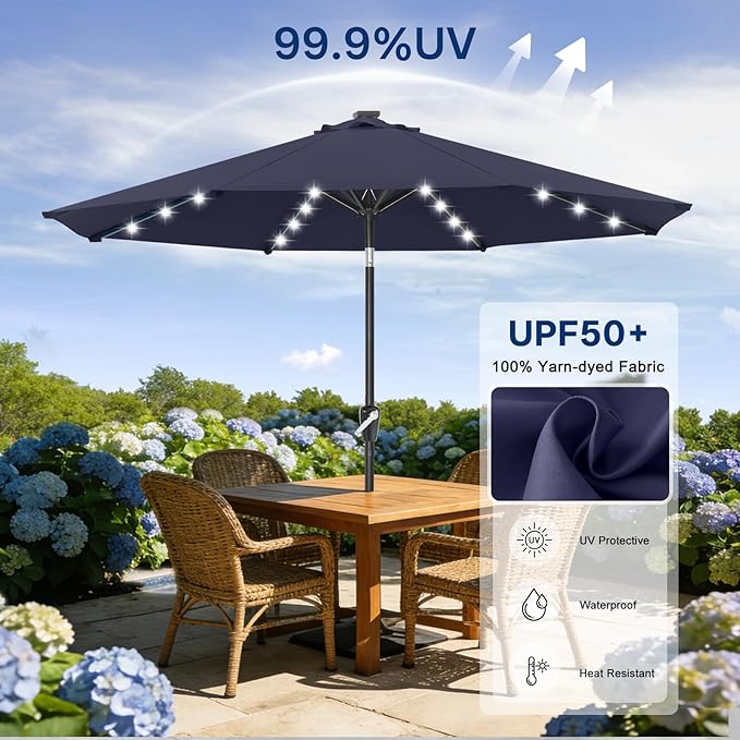 ABCCANOPY 10FT Durable Solar Led Patio Umbrellas with 32LED Lights (Navy Blue)