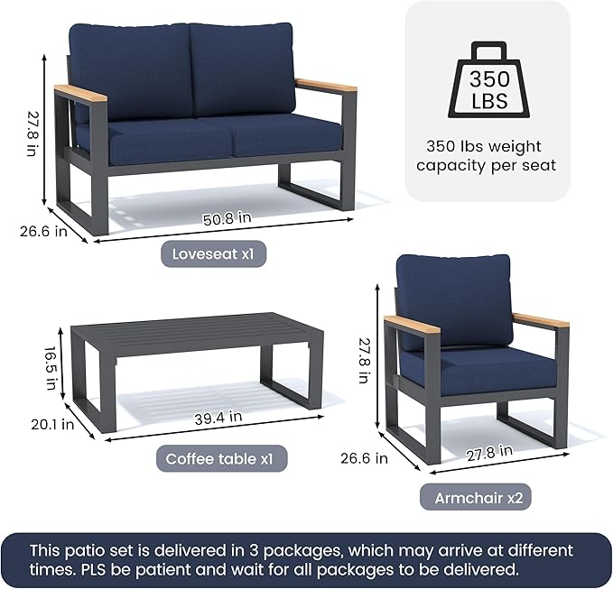 Sundale Outdoor Aluminum Patio Furniture Set, 4 Piece Outdoor Conversation Sets with Coffee Table and Washable Thick Cushions, All Weather Outdoor Sectional Set for Deck, Lawn, Yard (Navy Blue)