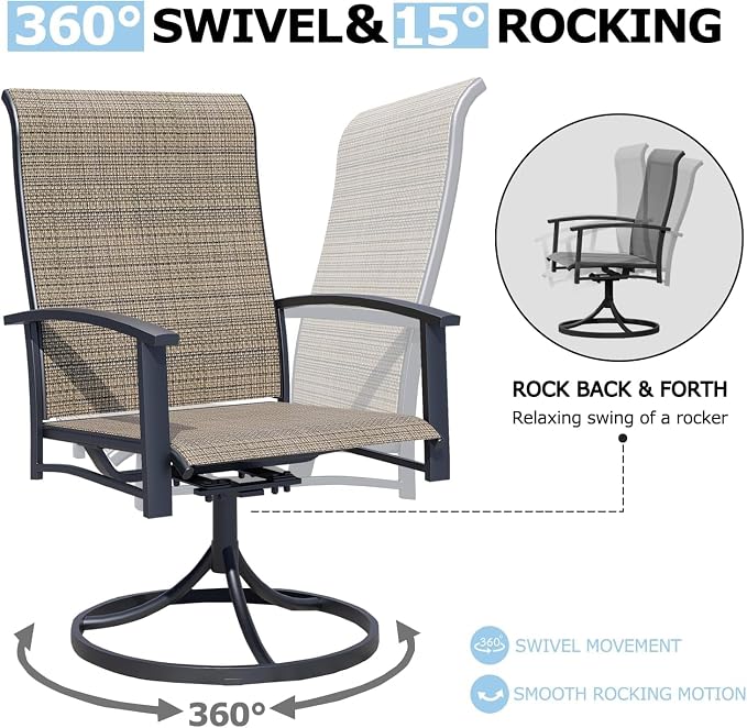 9 Piece Patio Dining Set - Round Patio Table & 8 Swivel Rocking Patio Chairs, Outdoor Patio Furniture with Textilene Fabric High Back Chairs for 8 Person, Mocha