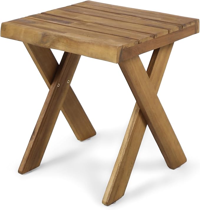 IRONORA Natural Acacia Wood Outdoor Side Table, Square Slatted Top Patio End Table with X-Shaped Legs, Weathered Teak Finish for Backyard Garden Balcony