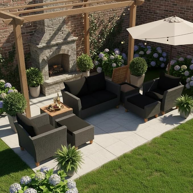 Tangkula 7 Pieces Patio Furniture Set, PE Rattan Sectional Sofa Set with Loveseat, Armchairs, Ottomans & Table, Acacia Wood Tabletop, Outdoor Conversation Set for Porch, Garden & Poolside (Black)