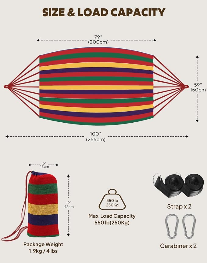 ANYOO Cotton Hammocks Portable Hammock with Tree Straps Easy Setup Indoor/Outdoor Hanging Bed 550lb Capacity Perfect for Backyard Camping Travel
