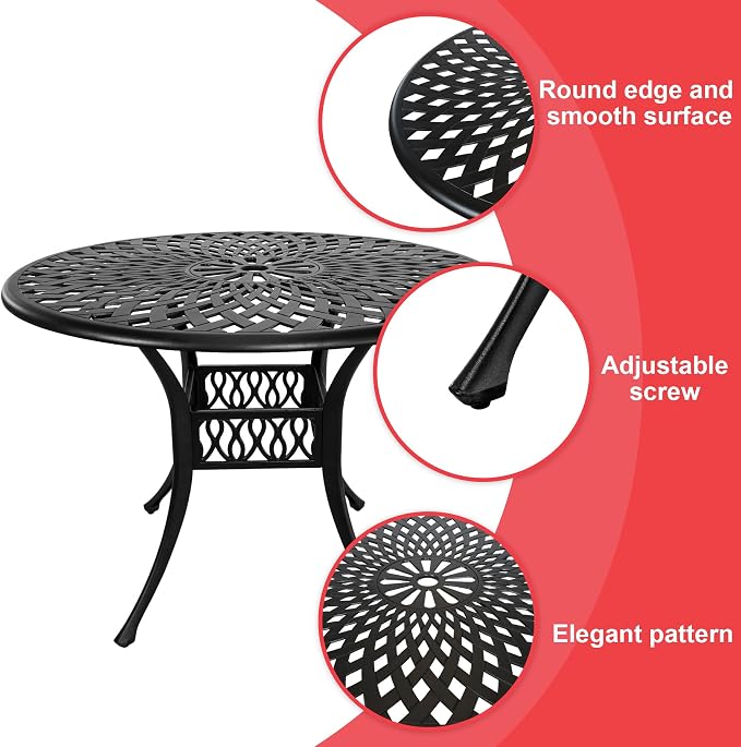 42“ Round Outdoor Table, All Weather Patio Table with Umbrella Hole, Cast Aluminum Bistro Table for Outside (Black)