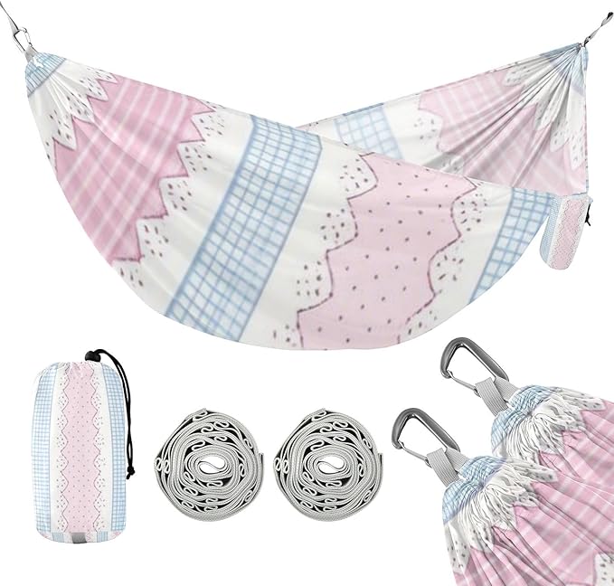 Blue and Pink Cute Lace Stripes 330lb Capacity Outdoor Hammocks with Hanging Rope Rope Hammock for Indoor Outdoor Patio hamacas para Patio