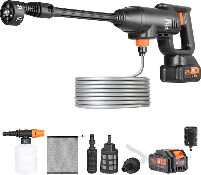 VEVOR Cordless Pressure Washer, 580-PSI 1.1 GPM Portable Power Cleaner, Handheld High-Pressure Car Washer Gun with 4.0Ah Battery, Charger, 6-in-1 Nozzle, for Home/Floor Cleaning & Watering