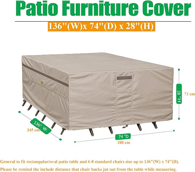 600D Heavy Duty Waterproof Patio Furniture Covers UV Resistant Rectangualr Outdoor Table and Chair Covers 136" Wx 74" D x 28" H Beige