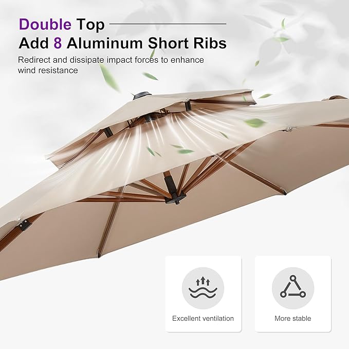 PURPLE LEAF 12ft Patio Umbrella Outdoor Round Large Cantilever Umbrella Windproof Offset Umbrellas Heavy Duty Sun Umbrellas for Garden Deck Pool Patio, Beige