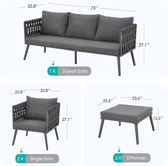 HOMREST Metal Patio Furniture Set, 5 Pieces Outdoor Aluminum Furniture w/High Back Chairs, Woven Rope Modern Patio Conversation Set for Balcony, Garden, Yard (7 Seats, Grey)