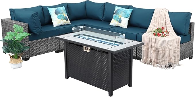 7 Pieces Wicker Patio Furniture Set Rattan Outdoor Sectional Conversation Sofa Set with Fire Pit Table Non-Slip Cushions and Furniture Cover, Peacock Blue