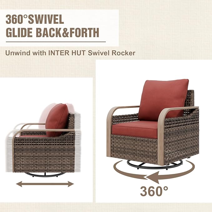 Modern Wicker Patio Furniture Set, Rattan Outdoor Conversation Set, 4 Swivel Rocking Chairs, 3 Seat Couch, 2 Ottomans, Coffee Table and Side Table, 9 Pieces, Brown/Red