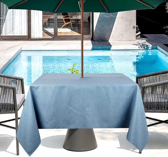 Outdoor Tablecloth Wrinkle-Free Stain Resistant Waterproof Polyester Fabric Table Cover with Umbrella Hole for Picnic/Party/Dinner/Patio Garden(60×60inch Square,Zippered,Water Blue)