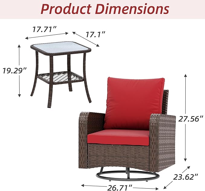 HOMREST 3 Piece Outdoor Swivel Chairs -All Weather Wicker Patio Bistro Table and Chairs Set of 4 Small Patio Furniture Set for Balcony Porch Deck Backyard (Wine Red)