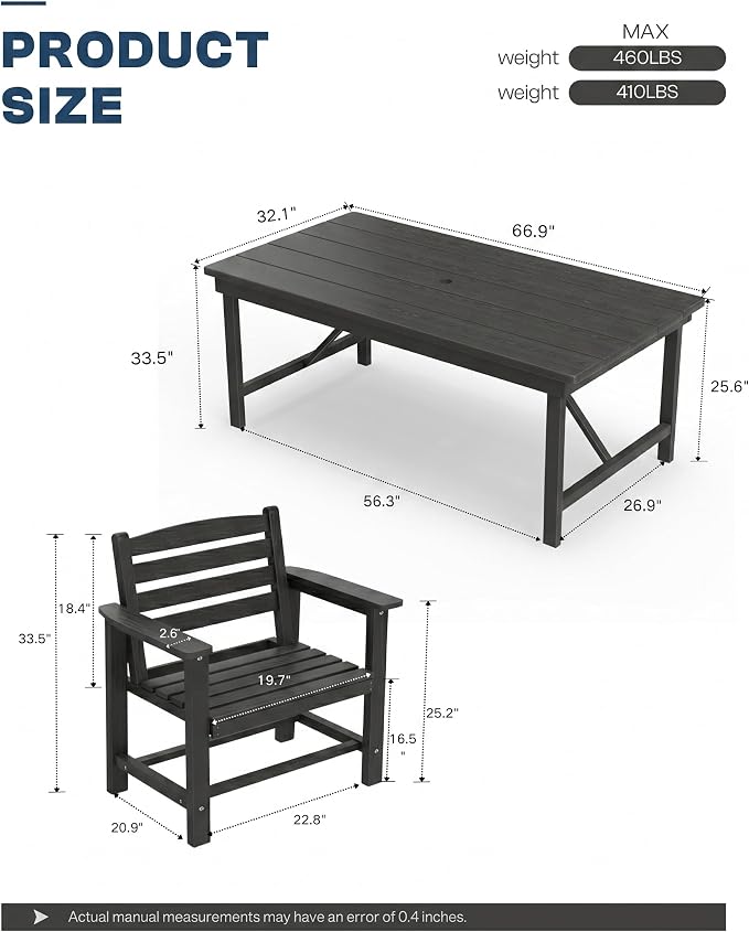 5-Piece Outdoor Dining Set for 4,Black | HDPE table, chairs included, umbrella hole design, weather-resistant furniture, perfect for balcony, deck, backyard