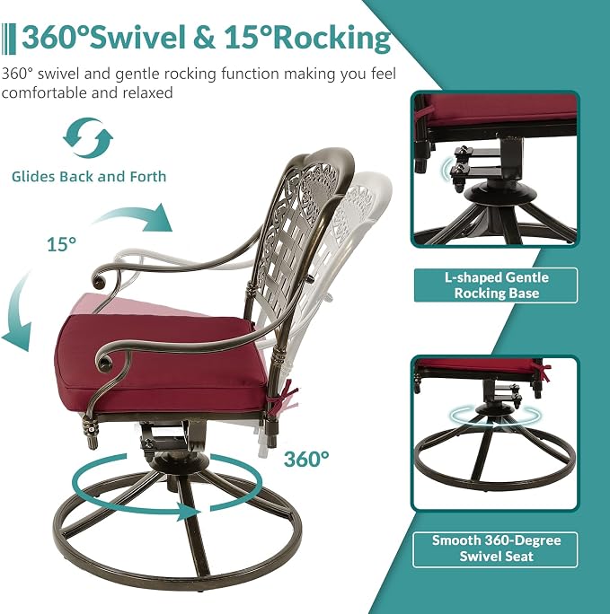 MEETWARM 9-Piece Outdoor Patio Dining Set for 8, All Weather Cast Aluminum Patio Funiture Table and Chairs Set- 94.5” Rectangular Table and 2 Swivel Rocker Chairs, 6 Stationary for Garden, Chili Red