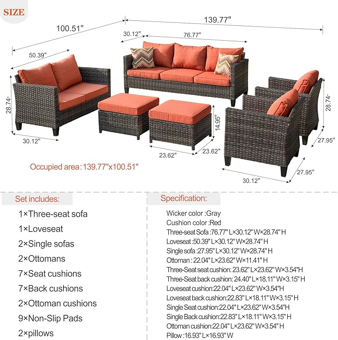 HOOOWOOO 6-Piece Luxury Patio Furniture Set–Comfortable Outdoor Rattan Sofa Set with Loveseat, 2 Chairs, 2 Ottoamns, Weather-Resistant Patio Conversation Set for Deck, Garden, Balcony (Orange Red)