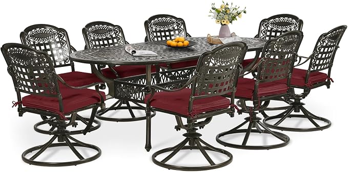 9-Piece Patio Dining Set, Oval Cast Aluminum Dining Table with Umbrella Hole & 8 Swivel Rocker Chairs, Red