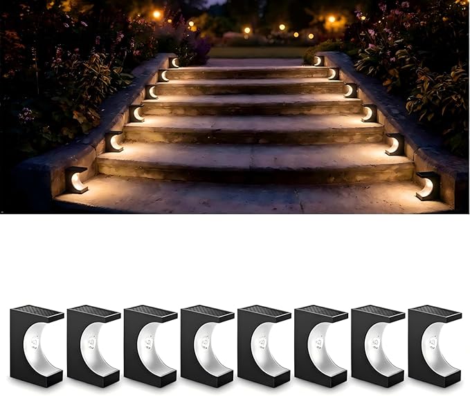Upgraded Wireless Solar Step Lights. 5X Longer Life Than Ordinary. Strong 3M Adhesive + Screws. IP65 Waterproof for Stairs/Decks/patios. Reliable Performance(Warm Light 8Pack)