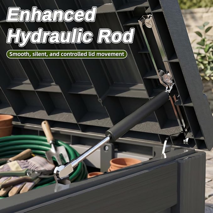 200 Gallon Deck Box, Extra Large Waterproof Outdoor Storage Box with Hydraulic Rod, Weatherproof Resin, Lockable Wood-grain Finish Container for Patio Furniture, Garden, Pool and Garage (Black)