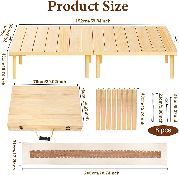 60" x 30" Boho Low Wooden Folding Picnic Table with Table Runner, Portable Boho Picnic Table for Indoor Outdoor Use, Camping, Beach, Garden, Wedding & Party (8 Steak Knives & Forks Included)