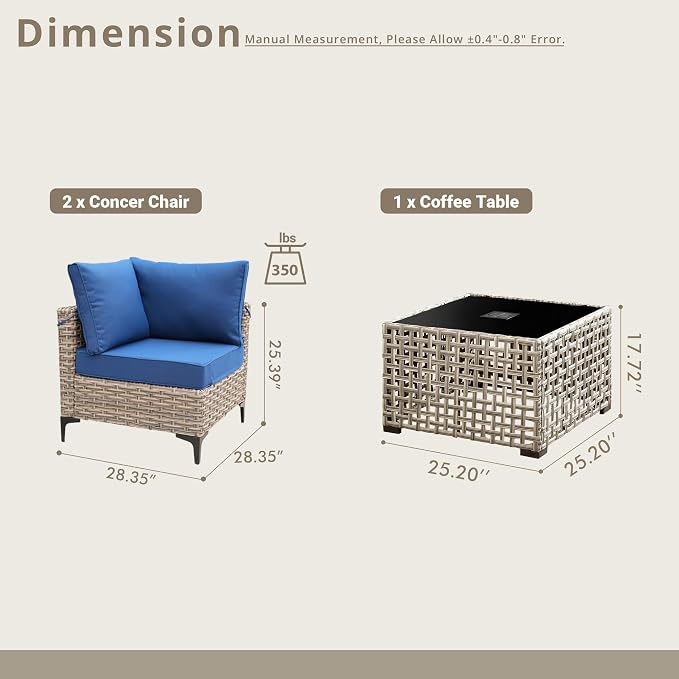 3 Pieces Patio Sectional Furniture Set, Outdoor Wicker Sectional Couch with Solar Lights Table, Modern Conversation Set for Porch Balcony Backyard, Navy Blue