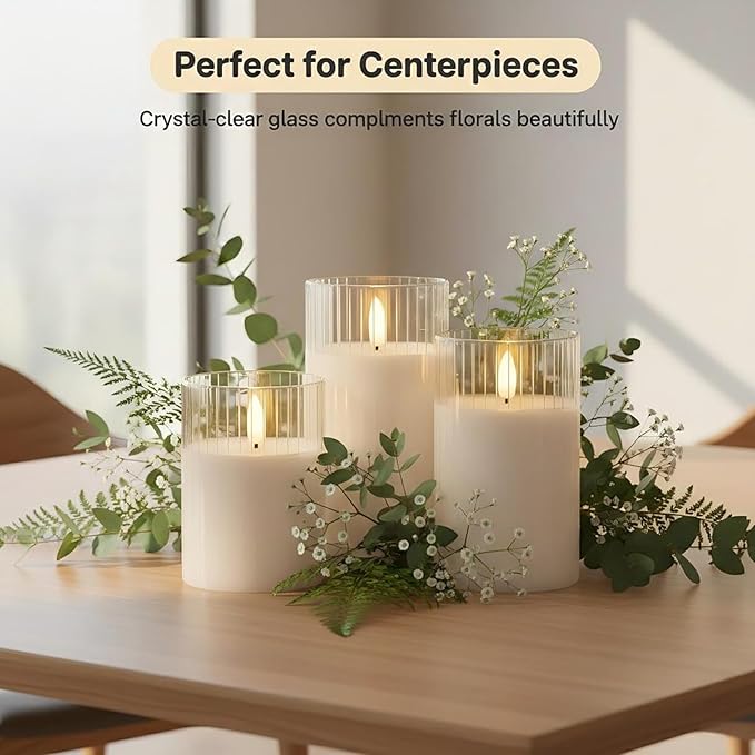 ANGELLOONG White Flameless Candles with Timer, Glass Flickering LED Candle with Remote, Set of 3 Battery Operated Pillar Candles for Bathroom Bathtub Home Decor Wedding Birthday Decoration