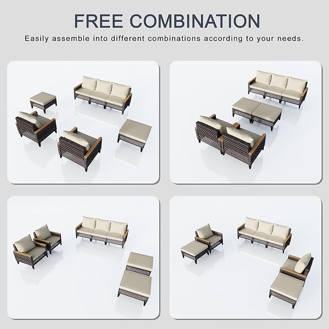 7 Pieces Patio Furniture Set, Outdoor Conversation Sets with Footstool, Wicker Rattan Sofa Couches Chairs Ottomans for Porch, Poolside, Deck, Balcony, Backyard, Yard, Garden (Beige Cushions)