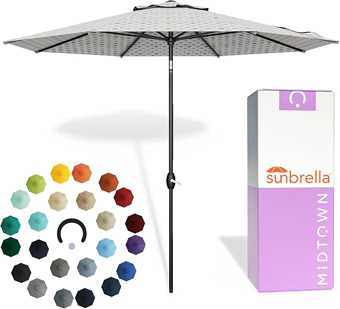 Midtown Umbrellas - The Lean 8 Ft Patio Umbrella with Fade-Resistant Sunbrella Fabric, Auto-Tilt Aluminum Frame and 8 Reinforced Ribs for Deck, Pool & Garden - Infused Gem Canopy, Black Pole