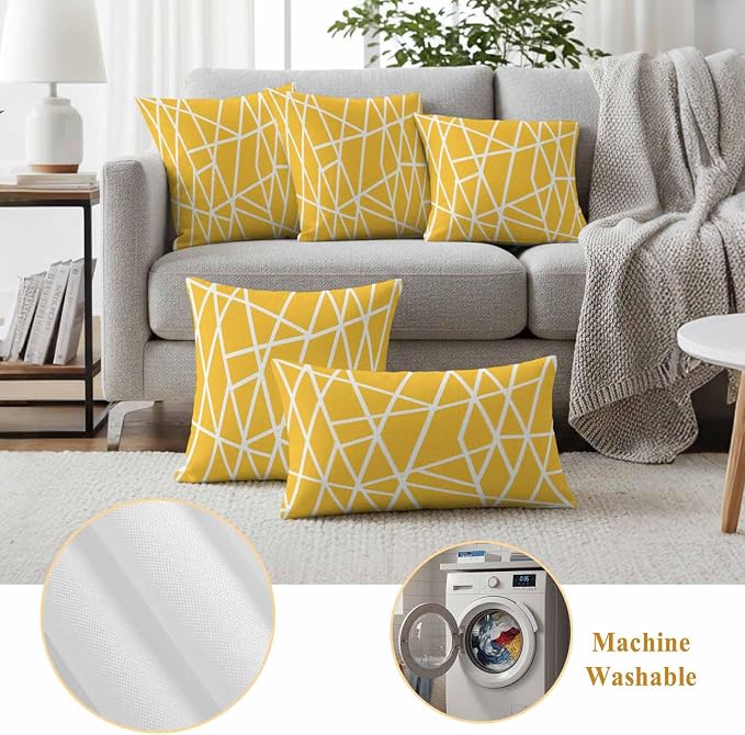 Outdoor Pillow Covers Waterproof, Yellow Geometric Decorative Square Throw Pillowcases Patio Cushion Covers for Tent/Garden, 24" x 24" 2 Pack, Abstract Stripes Modern Minimalist