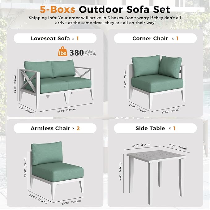 Aluminum Outdoor Furniture Set,5-Seats Conner Patio Sectional Conversation Sofa with 5.2" All-Weather Cushions and Coffee Table,Patio Furniture Set for Deck, Porch, Garden (White)