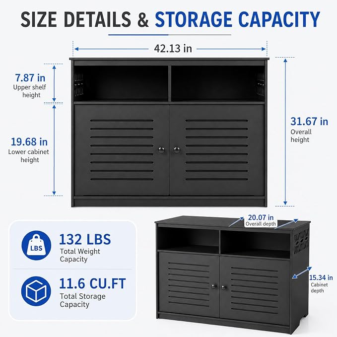 VINGLI Outdoor Storage Cabinet Waterproof, 87 Gallon Patio Deck Storage Cabinet with 2 Doors & Open Shelves, All-Weather Resistant Outdoor Sideboard with Decorative Cutout for Patio, Garden, Yard