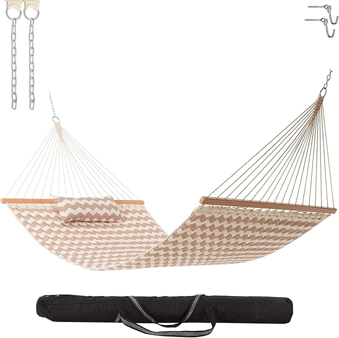 Castaway Living Large Beige Chevron Quilted Polyester Hammock – 11.5 ft. x 52 in., 350 lb Capacity, Pillow, Storage Bag, Extension Chains & Tree Hooks – Outdoor Comfort & Style