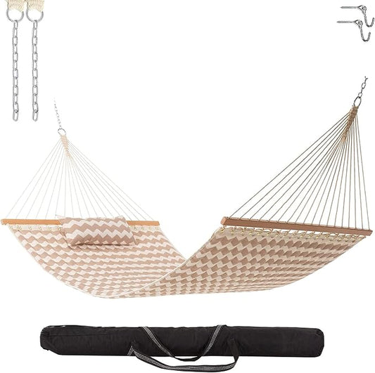 Castaway Living Large Beige Chevron Quilted Polyester Hammock – 11.5 ft. x 52 in., 350 lb Capacity, Pillow, Storage Bag, Extension Chains & Tree Hooks – Outdoor Comfort & Style